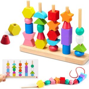 Montessori Spielzeug ab 3 4 5 Jahre Motorikspielzeug Fädelspiel Bausteine Sortierspiel für Kinder, Holz StapelspielFeinmotorik Lernspiele Geschenk für Baby Junge Mädchen